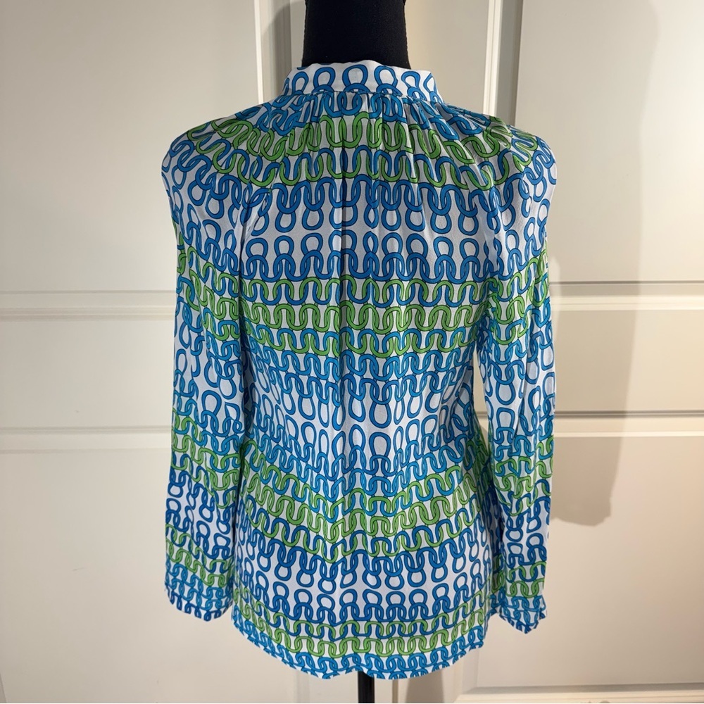 Trina Turk Blue & Green Chain-Print Long-Sleeve Silk Blouse Small - Picture 2 of 9
